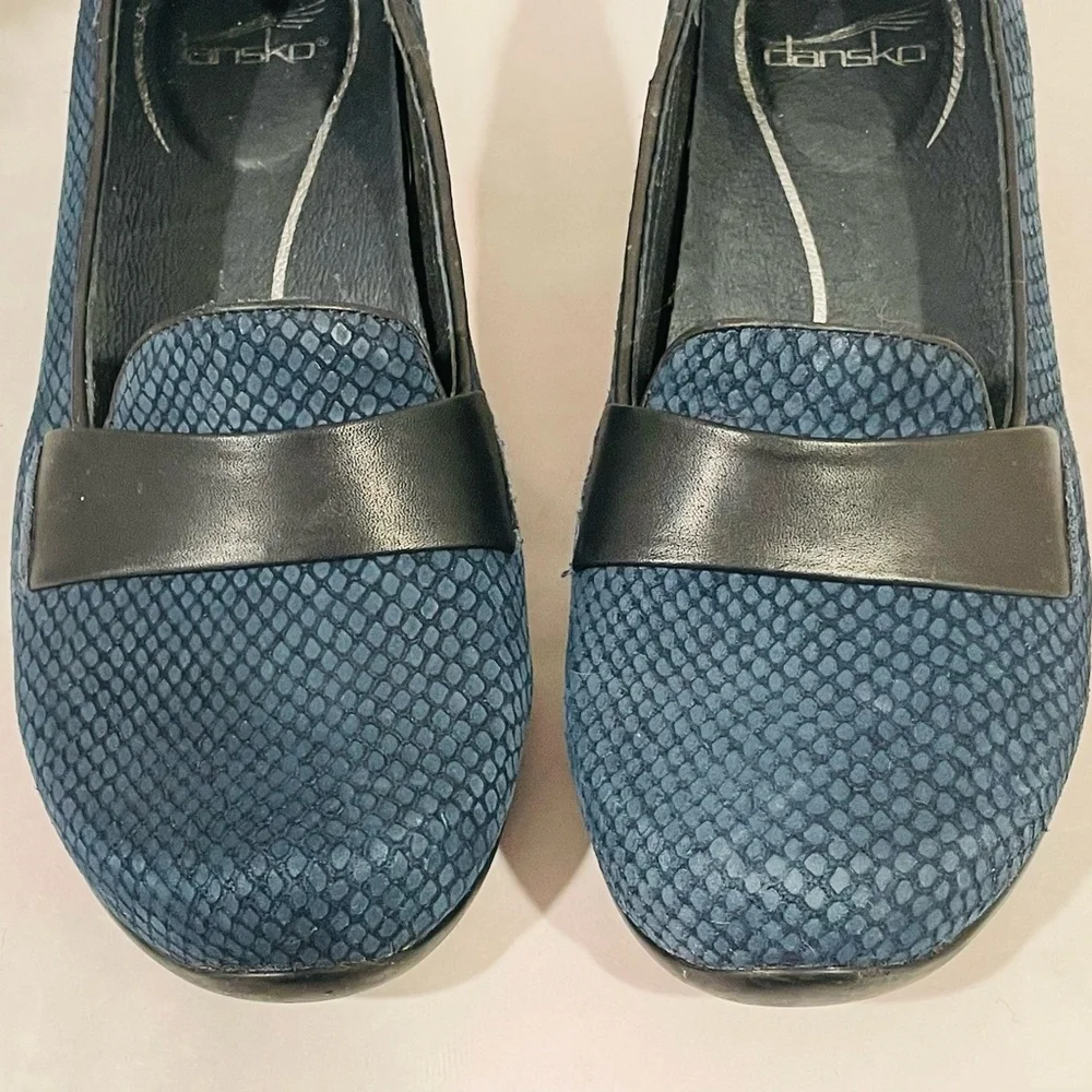 Dansko “Oksana” Blue Velvety Suede Women’s Loafers | Black Leather Accent Band
